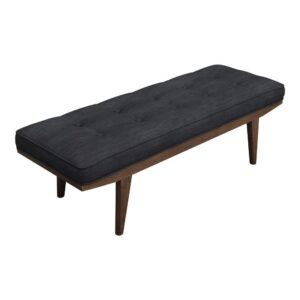 this wooden bench is crafted for comfort and style. The attached seat cushion gives you a comfortable place to sit as you get ready to walk out the door. Angled legs add mid-century modern flair. Decorative button tufting gives it a classically beautiful look. Taupe fabric upholstery blends with a natural wood base for an eye-pleasing