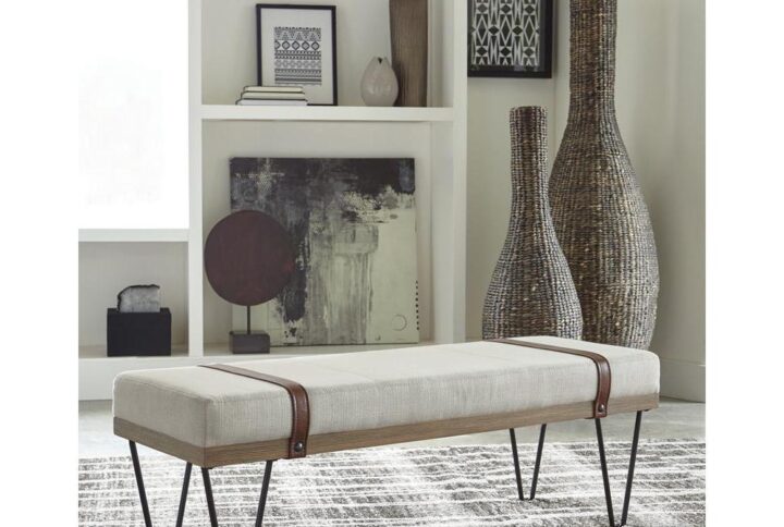 Dress up a living room with the interesting details from this modern rustic bench. Featuring open hairpin legs in a black finish