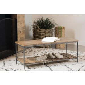 Look to this accent bench to provide an industrial element in your home. This piece boasts an expansive seating area with a natural wood finish. A gunmetal frame supports the bench while adding aesthetic appeal. Below