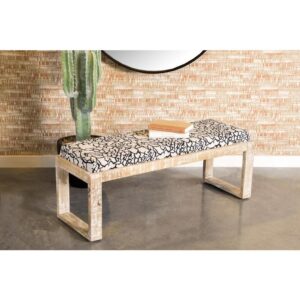 This unexpected accent bench provides a unique element in your living space. Its soft abstract fabric brings plenty of visual appeal. With a black and white motif
