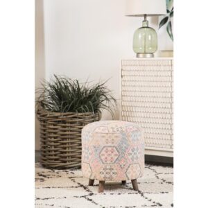 Bohemian flair is brought to life with this attractive accent stool. Light pastel colors collide to create an interesting quilt-like design on the fabric. This accent stool is upholstered in woven cotton for softness and subtle texture. Supported on tapered wood legs