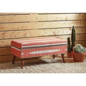 Show off your vibrant style with this bench. The wooden legs give this larger ottoman a mid-century modern look. The bright orange and white pattern reflect the eclectic style of this piece. Place this accent stool in any funky