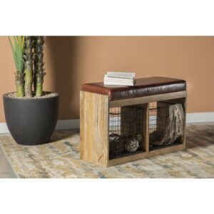 Storage and style are at your service with this attractive brown accent bench. The natural wood grain finish makes this a versatile piece in your home. Two storage compartments allow you to store small items within. Take a seat on the padded seating to put on your shoes or take a breather. This piece is supported on a platform base.