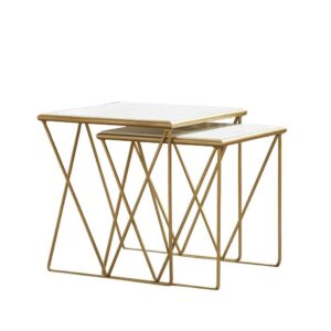 these modern nesting tables feature a rectangular silhouette. Clean lines are elevated with a white marble top. Sleek and elongated