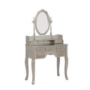 this three piece vanity set elevates a bedroom with glamour. The shiny silver finish emphasizes the curves in the legs of the desk and stool. The seven drawers on the desk feature an intricate floral wood carving