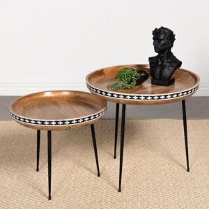 Exquisite inlaid bone creates an artisan touch on this pair of boho nesting tables. Crafted from beautiful