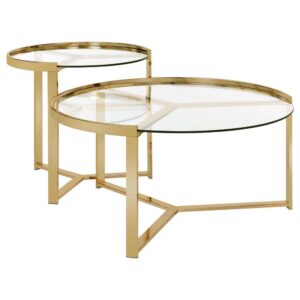 two-piece nesting table set exudes contemporary glamour. Each table features a gleaming metal base electroplated in gold for an alluring touch of style. Smooth