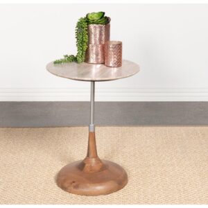 Retro style adds a whimsical look to the elegant style of a round side table worthy of consideration. This chic side table offers a mix of woods with metal and adopts a fresh