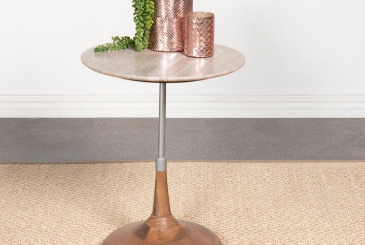 Retro style adds a whimsical look to the elegant style of a round side table worthy of consideration. This chic side table offers a mix of woods with metal and adopts a fresh