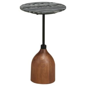 complete with a round top that acquits itself wonderfully in your living room. The top is made from beautiful black marble with distinctive veining that offers organic elegance and earthy character to sleek surrounding decor. The base is an inverted goblet