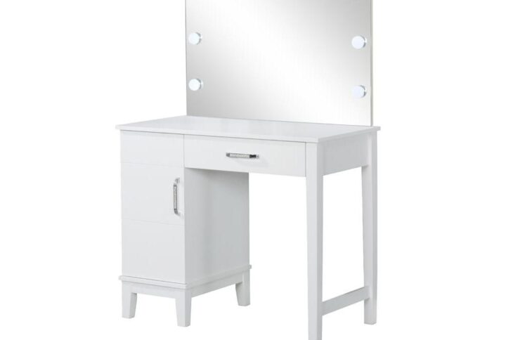 Seize the day and get ready with the help of your new vanity set. This white vanity set displays Hollywood glam with its nine lights built into the mirror. The vanity table is simplistic in design with one drawer and one cabinet. Take a seat on the soft and comfortable grey upholstery of the stool. The stool and vanity both have matching tapered legs.