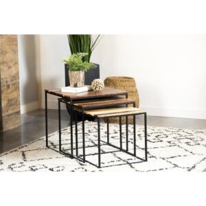 A simplistic set of three wood nesting tables brings convenience and style to your space. Rectangular sheesham tabletops have varying hues of natural wood colors