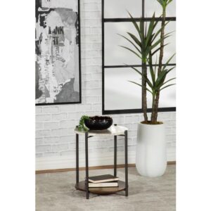 Mixed materials and sleek lines come together to create this transitional accent table. Featuring a round shape and straight