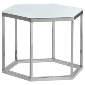 this hexagonal accent table was made for a contemporary style home. With its hexagon-shaped design