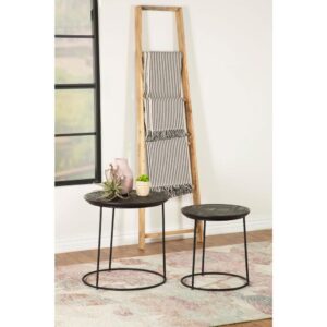 featuring clean lines and a contemporary feel. Each tabletop is built from solid eco-friendly mango wood for more green-friendly homes and apartments. Across the top of each mango wood surface is an embossed ink blot pattern in a tribal-like striped motif for a global-inspired decor flair. This two-piece nesting table is perfect for compact spaces as well