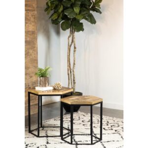 Go geometric with this set of two nesting tables. The wood hexagon tabletop makes its own display in your living area. Enhance the function of this piece by placing decor and small possessions on top. The matching black metal frame takes on the same hexagon shape with slim yet sturdy legs. The second nesting table brings extra space to display decor.