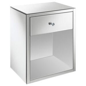 this magnificently modern accent table blends into its surroundings. A single top drawer opens up to spacious interior storage. Adorned with a glimmering crystal knob