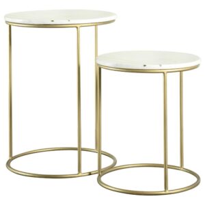 this set of two white and gold nesting tables provide function and style. Two round marble tabletops immediately enhance their design. Both pieces are engineered with a circular base and long slim legs. The bottom nesting table conveniently slides out to create extra table space. Use this set of nesting tables to improve your decor with chic style.
