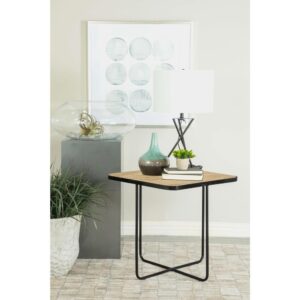 this accent table offers classical elements with modern expressions. Each side of the tabletop is mounted to an iron base that attaches in the center