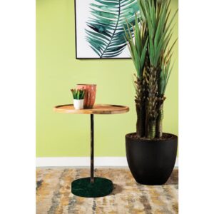 An assortment of striking materials combine to create this incredible accent table and its round mango wood tabletop creates the perfect spot for a house plant or flower vase. A contrasting green marble round base brings stability to this accent table. The entire piece is securely held together with a bold black metal frame. This marble