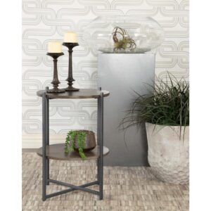 airy design come together to create this transitional accent table. Featuring a round shape and straight