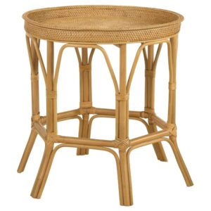 this bohemian rattan accent table brings a natural texture and accent to the space. Designed with a woven rattan table top with a round over bevel edge