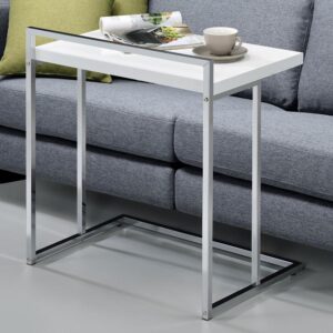 Pull up this sleek modern snack table to a seating area such as a sofa or accent table. With a tabletop surface covered in a high gloss white finish that is easily wipeable
