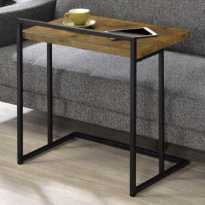 An open and airy base lends a modern touch to this contemporary snack table. Slim legs reach to a flush