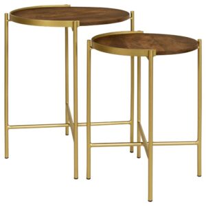 Soft gold adds an element of warmth to a two-piece set of modern nesting tables. Charming in a compact living space