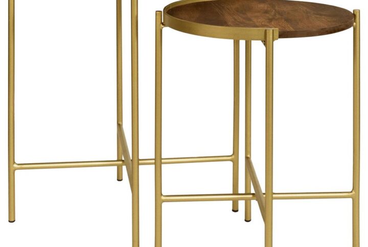 Soft gold adds an element of warmth to a two-piece set of modern nesting tables. Charming in a compact living space