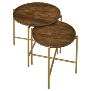 the smaller table tucks under the larger to create a waterfall effect that's sure to catch the eye. Each table boasts a perfectly round tabletop of dark brown finish mango wood that adds earthy elegance. Clean lines define iron bases that include X-braces that add both stability and a stylish touch. These nesting tables are made in India with excellent craftsmanship that bring welcoming character in your living room.