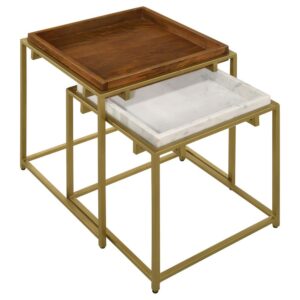 Your casual rooms become centers of entertaining and relaxation in one with a two-piece set of nesting tables. A pleasing design reflects retro style and a finish palette with earthy tones. These tables feature gold finish iron open framing and tray-like tops