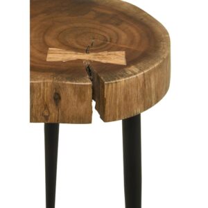 adding earthy elegance. The round tabletop is supported with three tapering legs that flare slightly to ensure stability. Rounded feet complete the look
