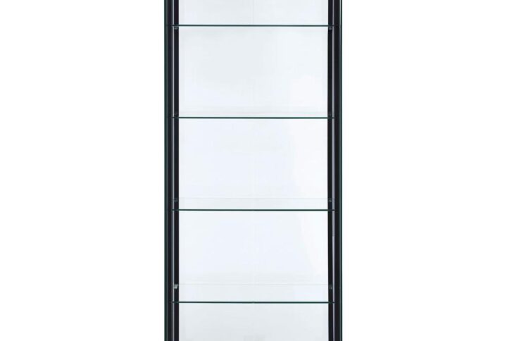 Transparency and linear styling make this curio cabinet stand out and shine. Simple design work blends straight lines with a slender black frame and tempered glass shelves. Push-to-open doors offer easy access to interior shelving. Put your best decor on display in this elegant piece that works beautifully in a living room or end wall. This enticing curio cabinet delivers a breathtaking look in modern and more traditional interiors.