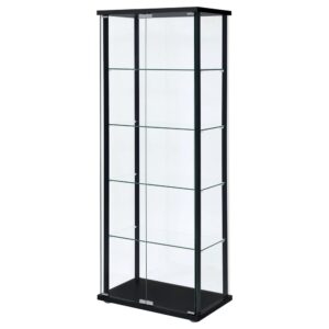 Transparency and linear styling make this curio cabinet stand out and shine. Simple design work blends straight lines with a slender black frame and tempered glass shelves. Push-to-open doors offer easy access to interior shelving. Put your best decor on display in this elegant piece that works beautifully in a living room or end wall. This enticing curio cabinet delivers a breathtaking look in modern and more traditional interiors.