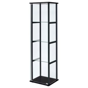this curio cabinet offers fresh and inspiring style. Simple linear design blends a slender black frame with tempered glass shelving. Push-to-open glass doors offer easy access to its interior space. This curio cabinet is an ideal venue for showcasing treasured decor and artwork. Add it to a tasteful seating ensemble or position it as an eye-catching standalone piece.