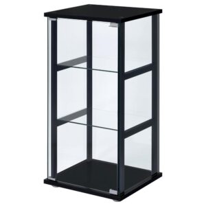 this curio cabinet offers a perfect venue for showcasing treasured decor. Bold black tops a simple frame