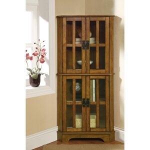 This curio cabinet is a magnificent addition to the home. It's designed to fit seamlessly in the corner of the living room or bedroom. It's crafted with four doors with window panels that has an enduring appeal. Each door opens to a space that's divided into two storage areas with plenty of room for decorative plates or vases as well as knickknacks and a book collection. It is finished in a sumptuous golden brown that will be a highlight of any room it's in.