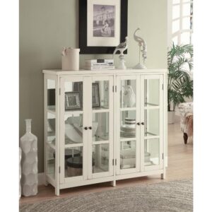 This accent cabinet is sure to get noticed with its transitional styling and expert craftsmanship. It's handsomely crafted with glass panels on the sides and doors. The four large doors open up to glass shelves inside