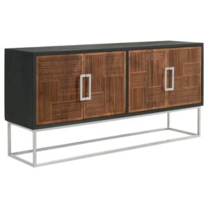Asian inspiration creates the decadence you seek in outfitting a dining room or living space. This accent cabinet reflects a level of minimalism dressed up with gorgeous finishes to create an exotic ambiance with plenty of function. Rich walnut finish mango wood front panels and a black case offer a mix of smooth and textured effects
