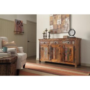 This majestic accent cabinet adds an artistic splendor to the home. It's handcrafted with beautiful reclaimed wood material that stands up to years of use. Acacia and teak wood combine together for a charming mix of dark and light brown colors. Three spacious drawers and three doors with attractive metal pulls open to ample storage space. Each door also has a wooden door latch for added detail that's sure to please.