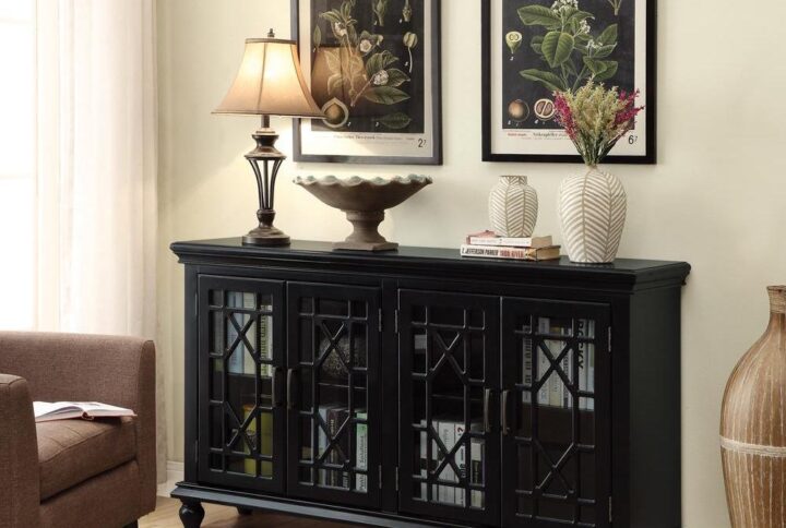 Add a touch of allure to the home with this lovely accent cabinet. It's crafted with decorative lattice overlay on each of the four cabinet doors for an enchanting appearance. Each door opens up to inside shelving to accommodate your storage needs. The cabinet top is roomy enough for a vase of fresh flowers or a set of vintage candlesticks. This cabinet looks great in any den or living room with timeless decor.