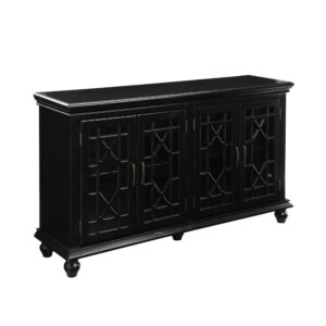 Add a touch of allure to the home with this lovely accent cabinet. It's crafted with decorative lattice overlay on each of the four cabinet doors for an enchanting appearance. Each door opens up to inside shelving to accommodate your storage needs. The cabinet top is roomy enough for a vase of fresh flowers or a set of vintage candlesticks. This cabinet looks great in any den or living room with timeless decor.