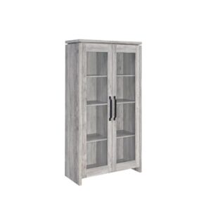 This tall curio cabinet makes for an impressive addition to a well-appointed home. The charming cabinet has classic sense of style and design. Two glass doors with contrasting dark hardware give the curio a distinguished appearance. The doors provide easy access to eight compartmentalized shelves offering abundant storage space. Finished in grey driftwood for a stylish look appropriate for any living room or den.