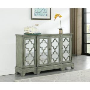 Complete a living or dining room with the decorative pattern on the front of this modern accent cabinet. The legs and geometric shapes dazzle in a weathered grey finish. Subtle hue variations and an exposed wood grain marry to add depth. An upgrade to the classic sideboard