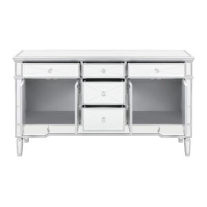 it brings modern appeal and convenience to the home. It features birchwood and MDF construction in a silver finish to match the lustrous mirrored accents. Nine mirrored drawers with crystal hardware feature plenty of storage capabilities for all your needs. It's a fine addition to a modern styled living room or entertainment room.