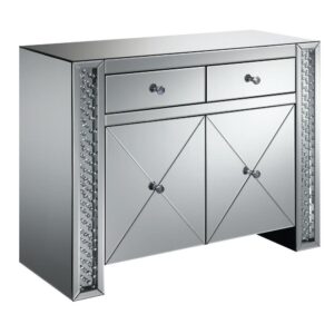 this reflective silver cabinet is the epitome of modern elegance. Complete with two drawers and two cabinet doors