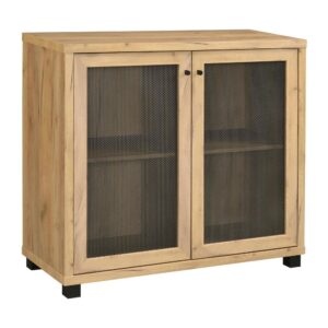 this accent cabinet offer rustic touches like metal mesh door panels and a charming