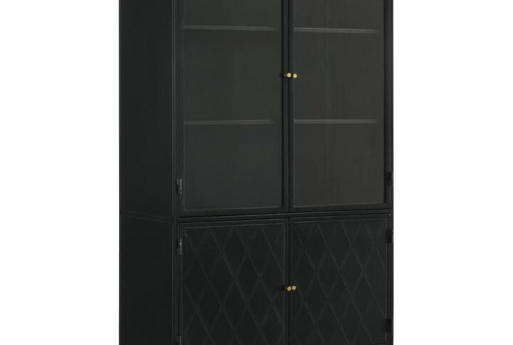 This industrial style metal cabinet offers ample storage space and a bold look in a space. With its matte black finish and accents of antique brass finish hardware
