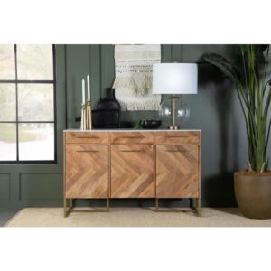 A geometric pattern reflects edgy personality to the nature-inspired wood construction of this chic accent cabinet. Perfect for modern and transitional spaces